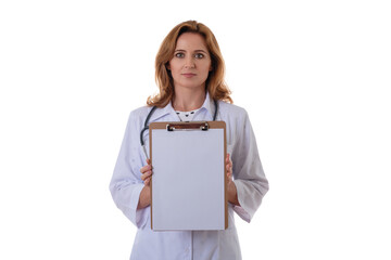 medicine, healthcare, charity and people concept - smiling female doctornurse showing empty blank clipboard sign with copy space for text isolated over white background