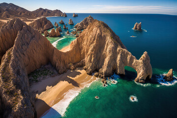 An aerial image of Lands End and the Arch at Cabo San Lucas, Baja California Sur, Mexico, at the point where the Pacific Ocean and the Gulf of California converge. Generative AI - obrazy, fototapety, plakaty