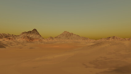 Rocky mountains, a martian landscape, sandy ground and hazy sky.