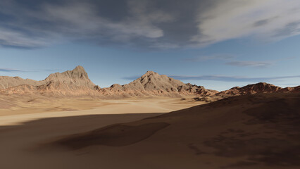Desert, a rocky landscape, dry ground, stony mountains and clouds in the sky.