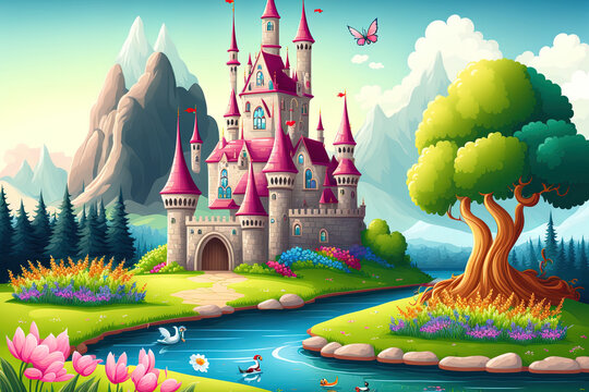 Princess castle in fairytale setting with river, flowers, flower meadow, mountains, and rainbow. Swan and a lake with lilies or lotuses. Stunning and wonderful scenery Wonderland. a cartoon