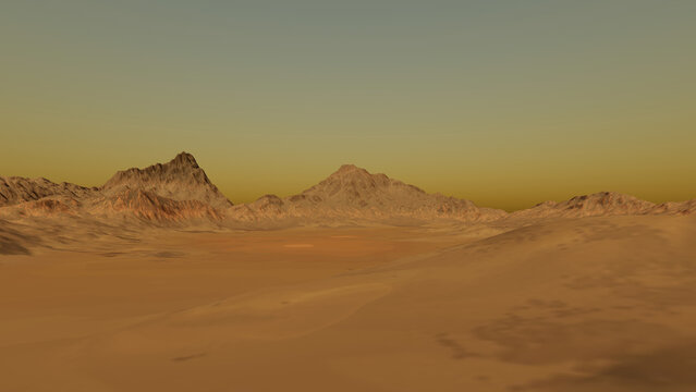 Rocky mountains, a martian landscape, sandy ground and hazy sky.