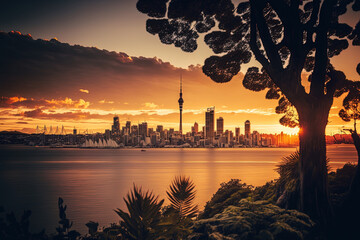 Sunset in New Zealand with the Auckland Sky Tower and the city's skyline. Generative AI - obrazy, fototapety, plakaty