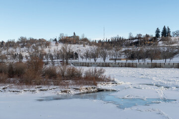 Frozen Bow River, temperature -38C, Calgary, riverside walk, Alberta, Canada