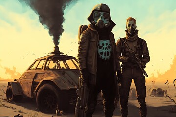 Two men with guns are standing near the car, post-apocalypse illustration