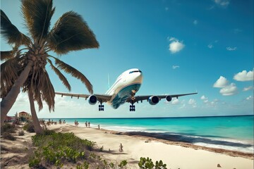 A Commercial Aircraft Landing on a Caribbean Island, With Blue Sky, Amazing Landscape, For Vacation and Luxury activities