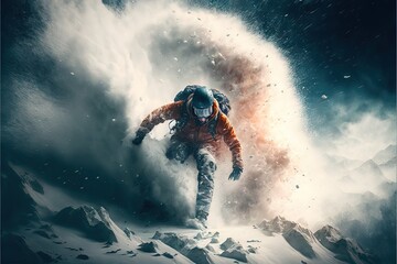 A snowboarder skiing down the mountain on an avalanche, as a very extreme sports challenge, with a lot of action on the scene