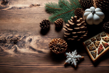 Christmas holiday decor still life with a hardwood background and the idea of warmth and vacation. Generative AI