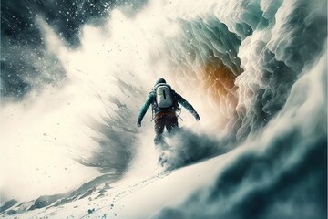 A snowboarder skiing down the mountain on an avalanche, as a very extreme sports challenge, with a lot of action on the scene
