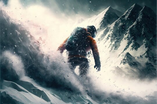 A Snowboarder Skiing Down The Mountain On An Avalanche, As A Very Extreme Sports Challenge, With A Lot Of Action On The Scene