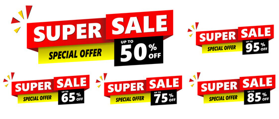 Special offer banner set, hot sale, big sale, super sale, sale banner vector. red, black and yellow vector banner template. 50%, 65%, 75%, 85%, 95%.