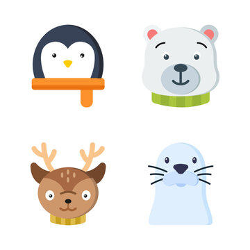 Cute Winter Animals Faces With Neckerchief Set, Objects, Festive, Celebrations