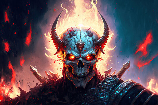 Fantasy graphic artwork of a dead warrior skull being tormented by red glowing souls and a lot of glowing particles. Generative AI