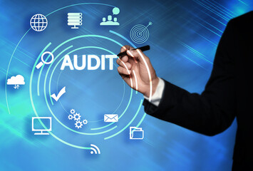 Audit concept. Closeup view of man and different icons on virtual screen