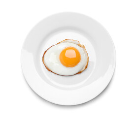 Plate with delicious fried egg isolated on white, top view