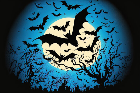Vampires in flight against a moonlit backdrop. terrifying bats in a group. Halloween evening. Generative AI
