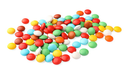 Many small colorful candies on white background