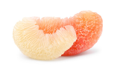 Pieces of fresh juicy pomelo on white background