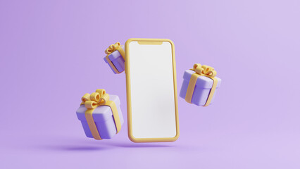 Gift boxes and mobile phone on pastel purple background. Holiday decoration. Festive gift surprise. Minimalist creative concept. 3d rendering illustration