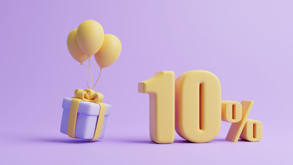 Gift box, balloons and ten percent sign on pastel purple background. Holiday decoration. Festive gift surprise. Minimalist creative concept. 3d rendering illustration