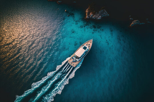 Speedboat in crystal clear, blue water, seen from above at dusk in the summer. Fast floating boat on the Mediterranean Sea, top shot from a drone. Travel in Turkey's Oludeniz. tropical setting with a