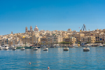 Birgu, Malta, 22 May 2022:  View of Cospicua, one of the three cities, from the marina of Birgu