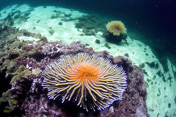 Fototapeta na wymiar Sea anemone filled tidal pool in the ocean. Generative AI