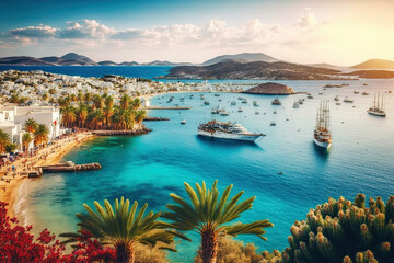 Fototapeta Bodrum, Turkey, is known for its unique scenery, iconic landmarks, and beautiful tropical sea bay with palm trees and a turquoise lagoon on the Aegean Sea. Generative AI obraz