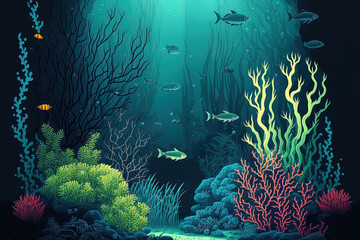 Fototapeta na wymiar Underwater vegetation, a seascape, and an underwater landscape. Generative AI