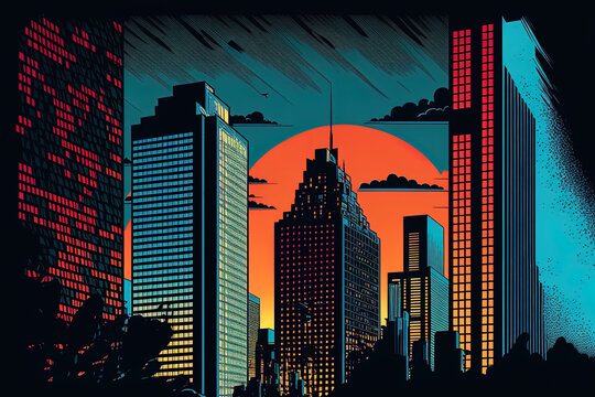 contemporary city at night with skyscrapers. Retro Pop Art Illustration in a Vintage 1950s and 1960s Style. Generative AI