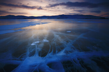baikal ice landscape, winter season, transparent ice with cracks on the lake