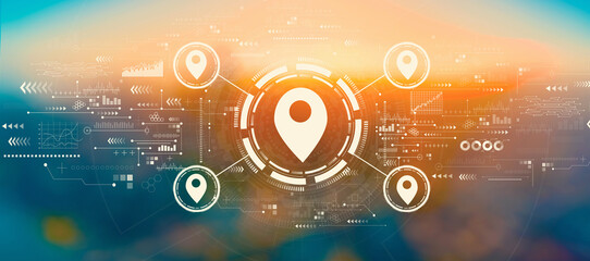 Obraz premium Map pin concept with blurred cityscape at sunset or sunrise