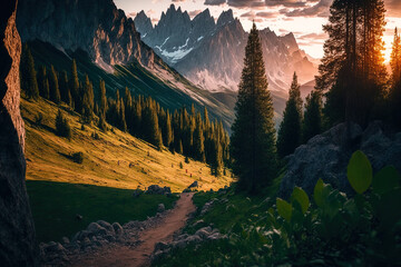 hiking, travel. Mountains, trees, and green grass in a summertime environment. Generative AI