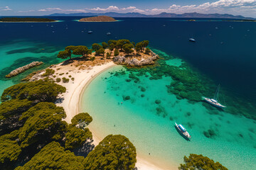 Aerial drone shot shows the idyllic, exotic beach of Agios Ioannis, taken during a visit by a renowned yacht and sailboat to the Greek island of Meganisi in the Ionian Sea. Generative AI