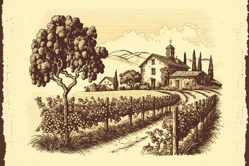 Vineyard setting agriculture hand drawn graphics of vineyards and homes. vineyard farming and field agriculture. Generative AI