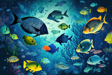 Fototapeta na wymiar Many fish inhabit the sea. Generative AI
