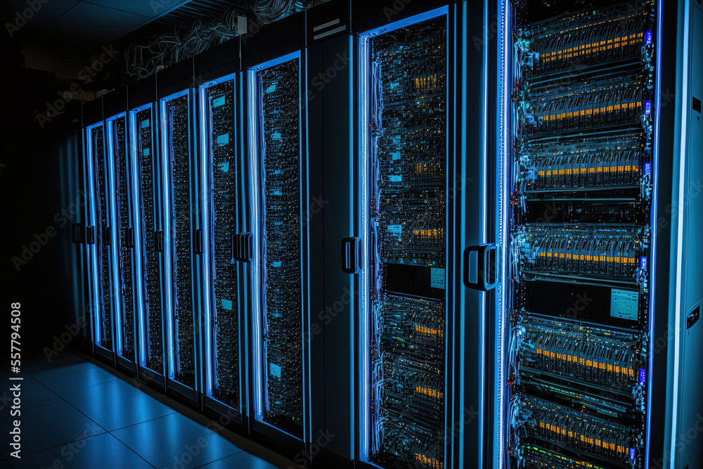 Poster dark servers data center area storage systems connection network. generative ai