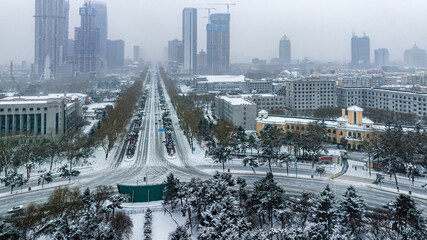 Cityscape of Changchun, China in heavy snow