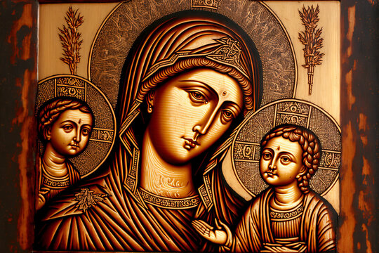 Orthodox line painting of the holy mother of god, the mother of god, and the child Jesus. Generative AI
