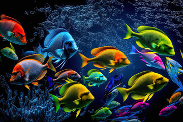 Ocean with vibrant fish against a dark backdrop. Generative AI