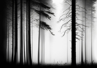 black and white photograph of woods and mist