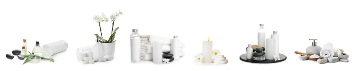 Set of spa supplies isolated on white