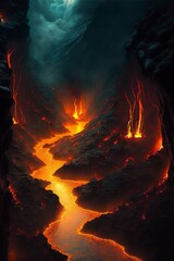 a river of lava flows through a hallway of caves