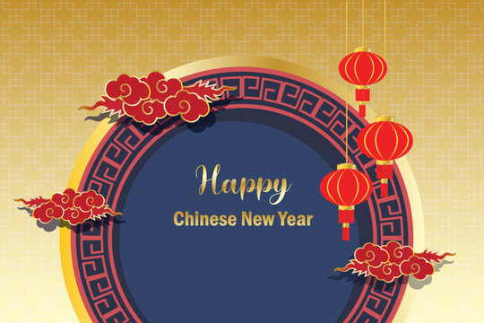 Happy Chinese New Year, Year of Rabbit traditional design. Chinese lattice window frame with hanging lantern and clouds in gold and blue background. Vector Illustration.