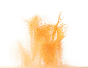 Small size orange Sand flying explosion, fruit sands grain wave explode. Abstract cloud fly. Orange...