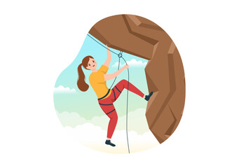 Cliff Climbing Illustration with Climber Climb Rock Wall or Mountain Cliffs and Extreme Activity Sport in Flat Cartoon Hand Drawn Template