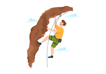 Cliff Climbing Illustration with Climber Climb Rock Wall or Mountain Cliffs and Extreme Activity Sport in Flat Cartoon Hand Drawn Template