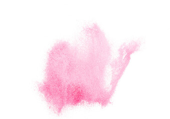 Small size pink Sand flying explosion, sweet sands grain wave explode. Abstract cloud fly. Pink colored sand splash throwing in Air. White background Isolated high speed shutter, throwing freeze stop