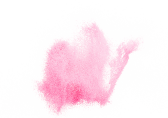 Small size pink Sand flying explosion, sweet sands grain wave explode. Abstract cloud fly. Pink colored sand splash throwing in Air. White background Isolated high speed shutter, throwing freeze stop