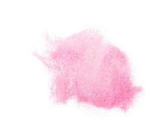 Small size pink Sand flying explosion, sweet sands grain wave explode. Abstract cloud fly. Pink colored sand splash throwing in Air. White background Isolated high speed shutter, throwing freeze stop